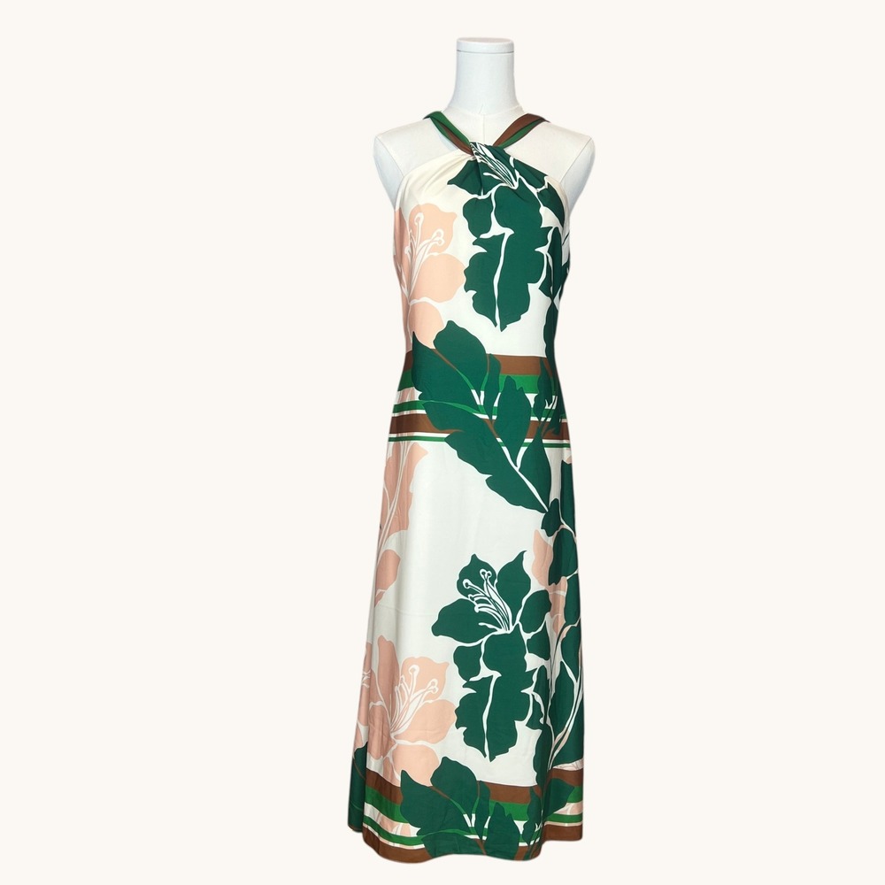 Greylin Women's Small Green Floral Halter Midi Dress Chiccore Tropical Resort